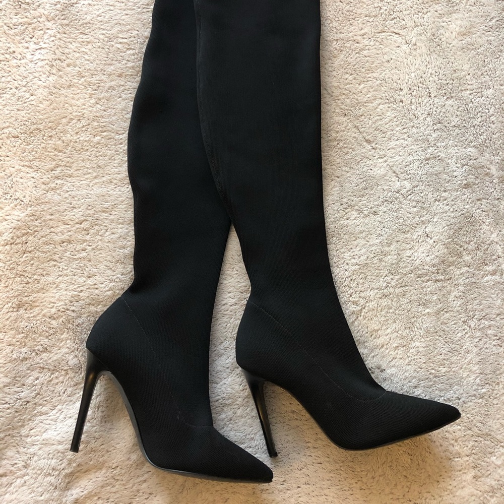 Kendal + Kylie thigh high stretch black boots